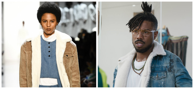 Look from Pyer Moss Fall/Winter 2018 collection; Michael B. Jordan as Erik Killmonger in Black Panther